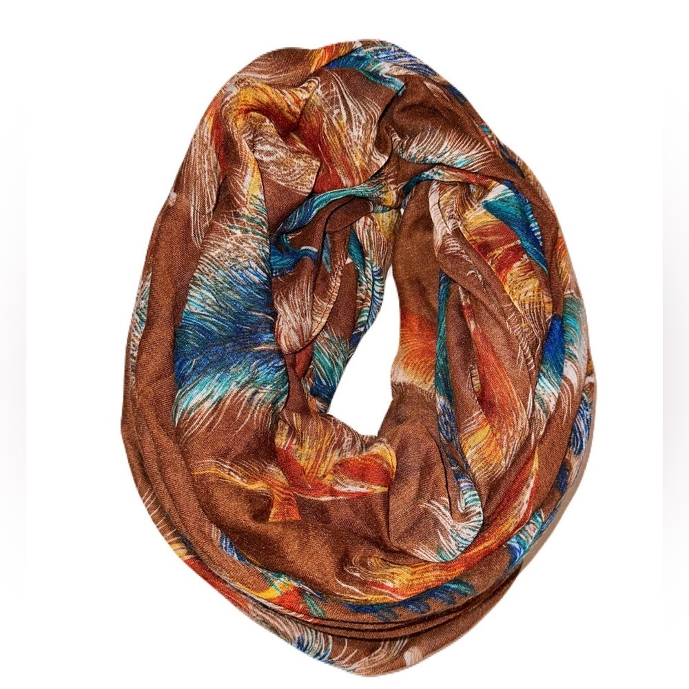 Brown feather print infinity scarf